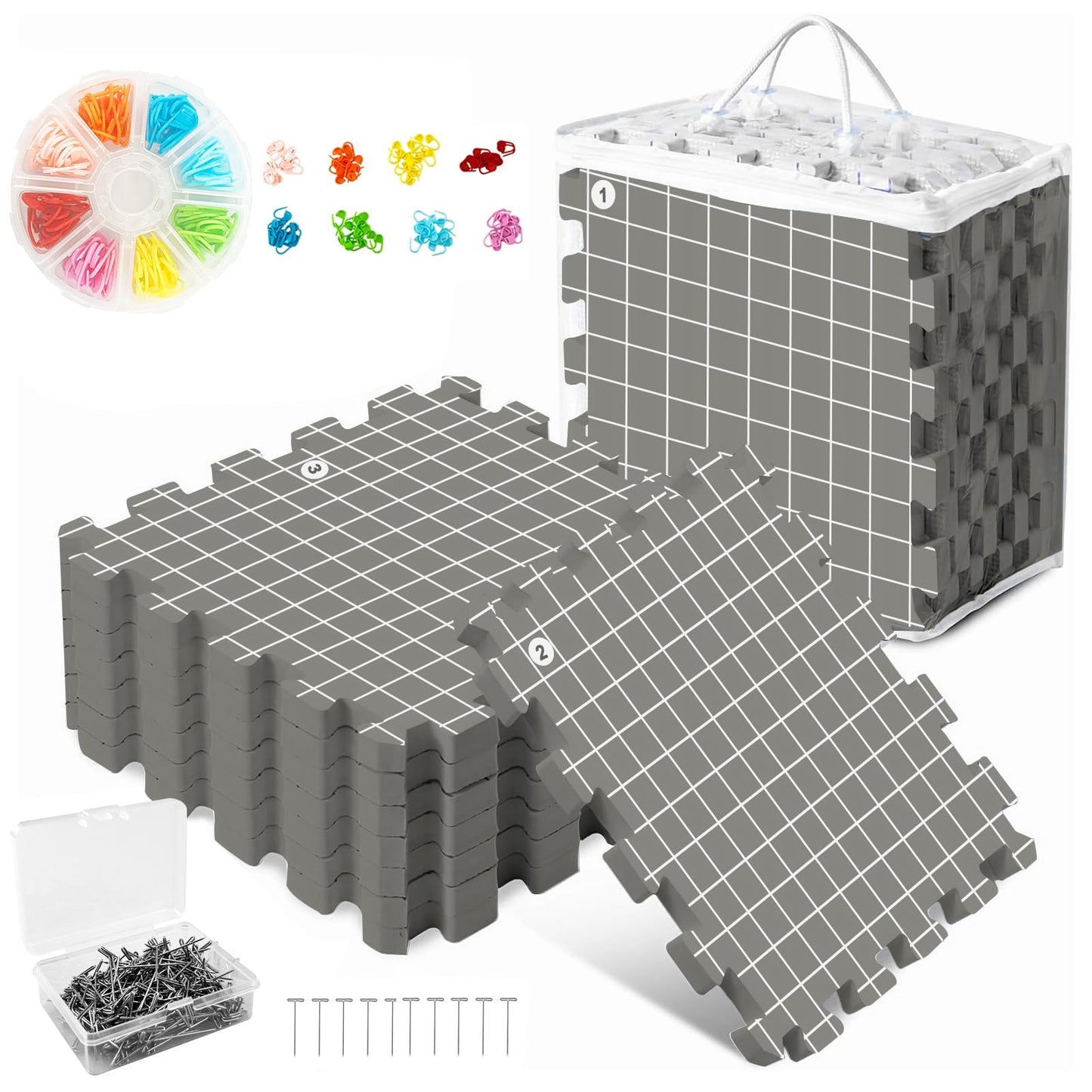 Mevome Blocking Mats for Knitting, Extra Thick Block Boards Crochet Projects with Grid Lines Needlepoint Knit Crocheting, 9 Foam Interlocking Mat &200 T-pins &100 Locking Stitch Markers &Storage Bag (Gray)