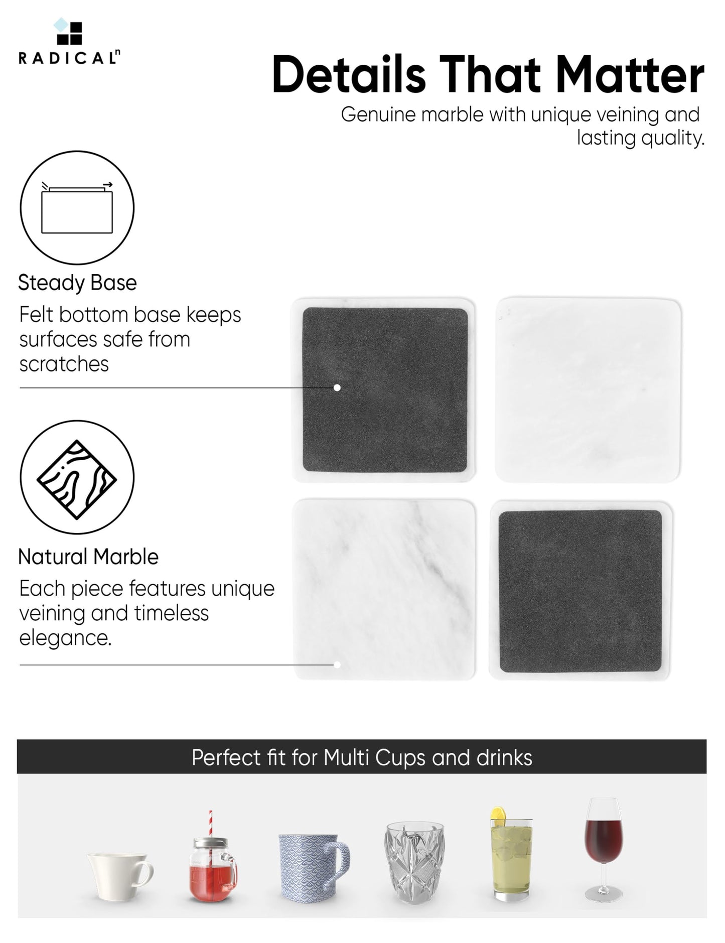 Marble Coasters Set of 6 White 3.5 Inch Square Coaster for Drinks with Holder, Drink Coaster for Tabletop & Coffee Table Decor, Ideal Home Decor House Warming Gifts