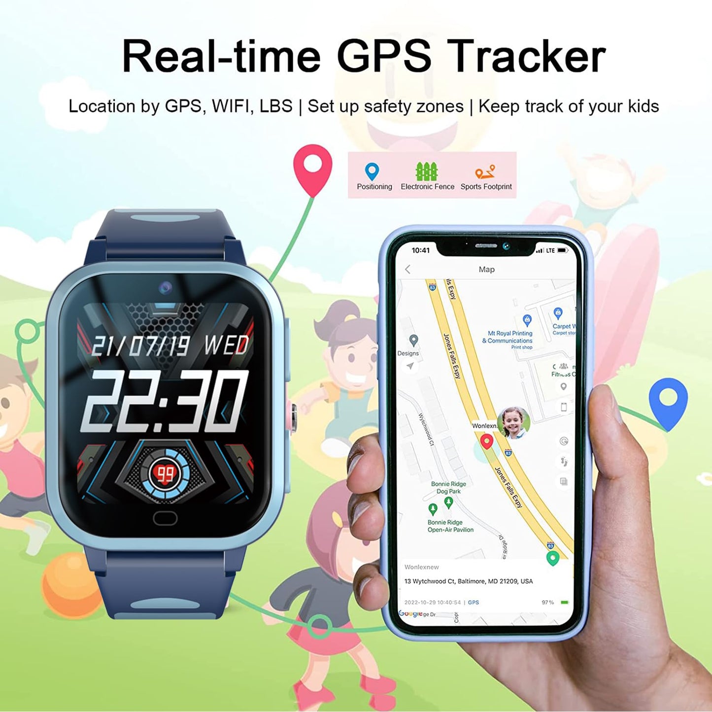4G GPS Smart Watch for Kids,Kids Phone Smartwatch with Whatsapp Line,Anti-Lost Waterproof Video Phone Call Real-time Tracking Pedometer Voice Message Camera SOS Alarm Watch for Boys Girls Gifts(Blue)