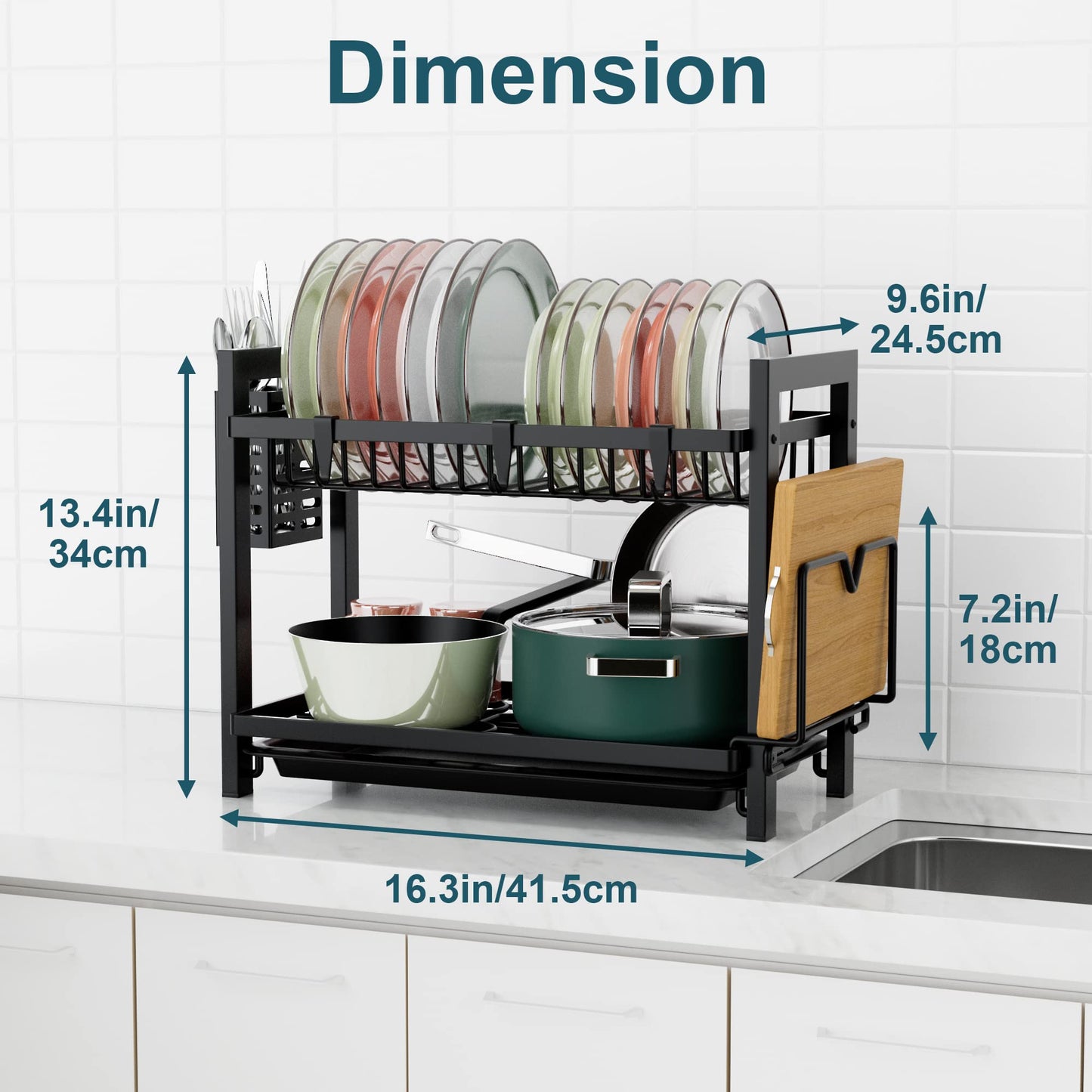 niffgaff 2 Tier Dish Drying Rack, Kitchen Dish Rack with Utensil Holder, Cutting Board Holder & Drain Tray for Kitchen Counter, Small Apartment Organization, Black