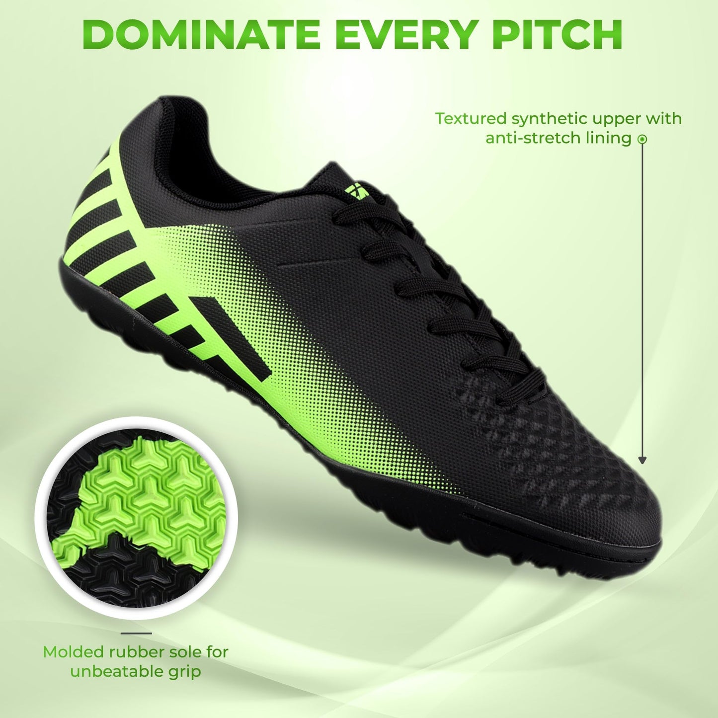 Vizari Santos Turf Soccer Shoes for Teen & Adult | Lightweight Football Turf Shoes with Dual Color Synthetic Upper | Durable Athletic Turf Shoes with Rubber Outsole for Men and Women, Black/Green, 10