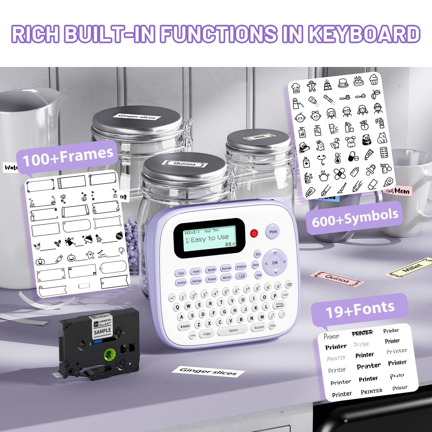 Label Maker Machine with Tape, Purple Label Maker Waterproof Labels, Portable Labeler for Teachers Kids Classroom Use, Desktop Labeler with Multiple Symbols & Fonts for Home Office School Use, D210S