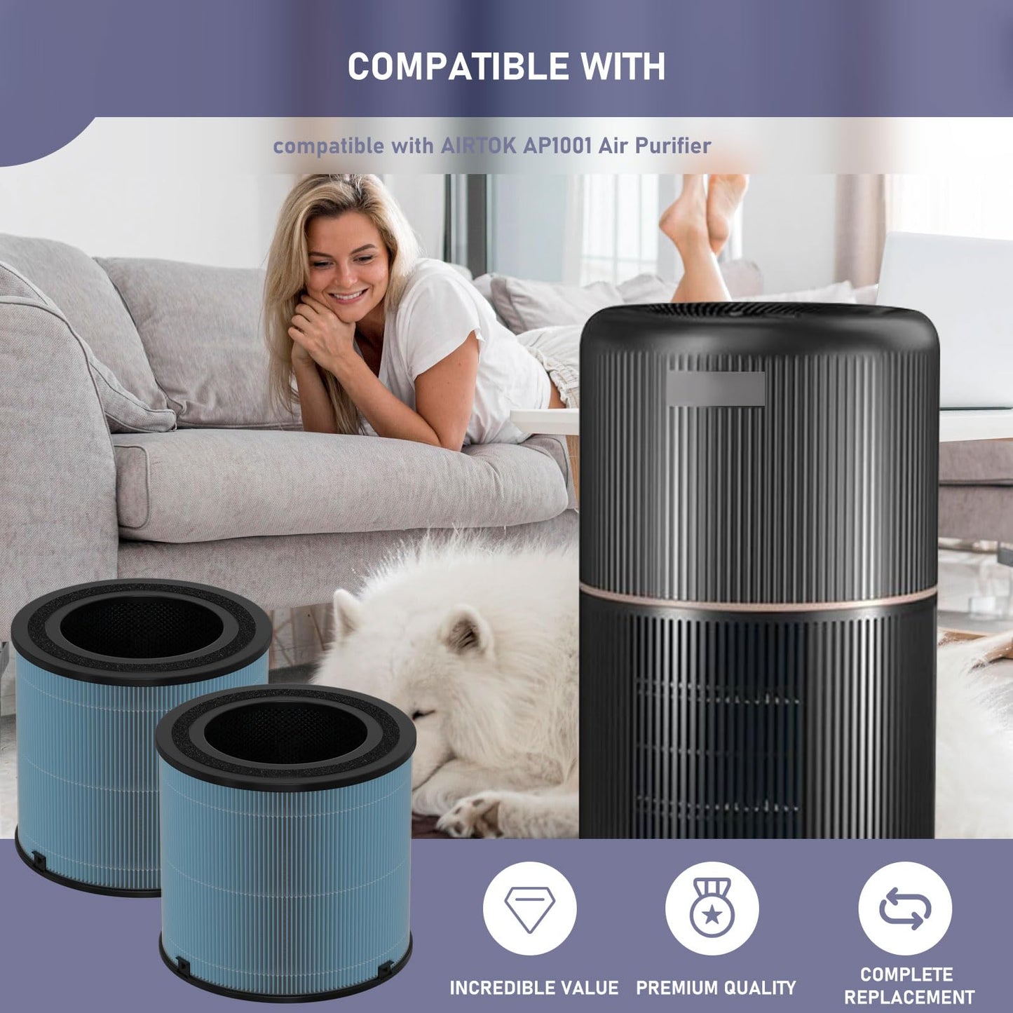Ontheone AP1001 True HEPA Replacement Filter Compatible with AIRTOK AP1001 Air Purifier, Compare to Part # AP1001-RF, 5-Layer Purification System, 2 Pack