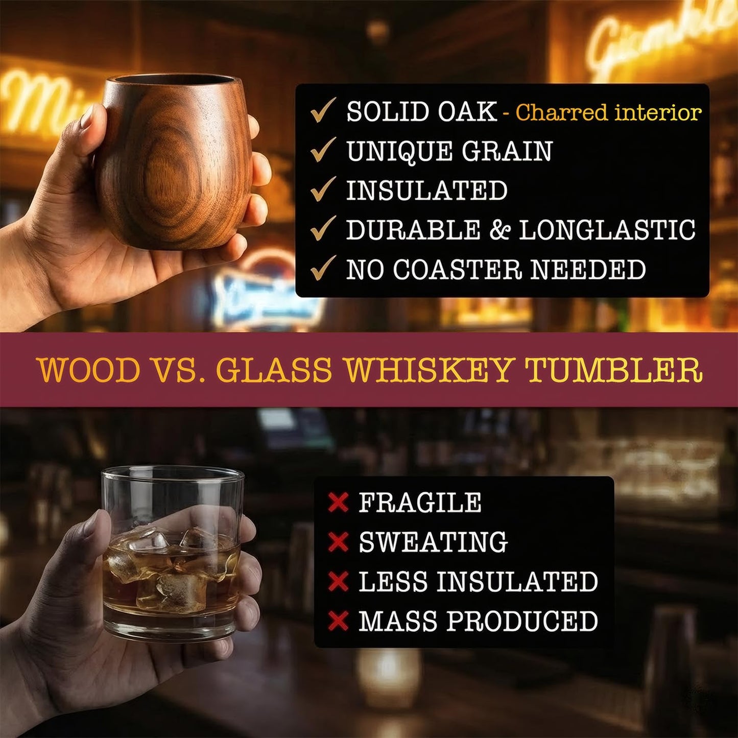 Tinnberlohas Charred Wooden Whiskey Glass Set of 2 – Durable Bourbon Tumbler for Men, Insulated Old Fashioned Glass – Whiskey Gifts for Husband, Dad, Brother – Birthday, Christmas, Father's Day