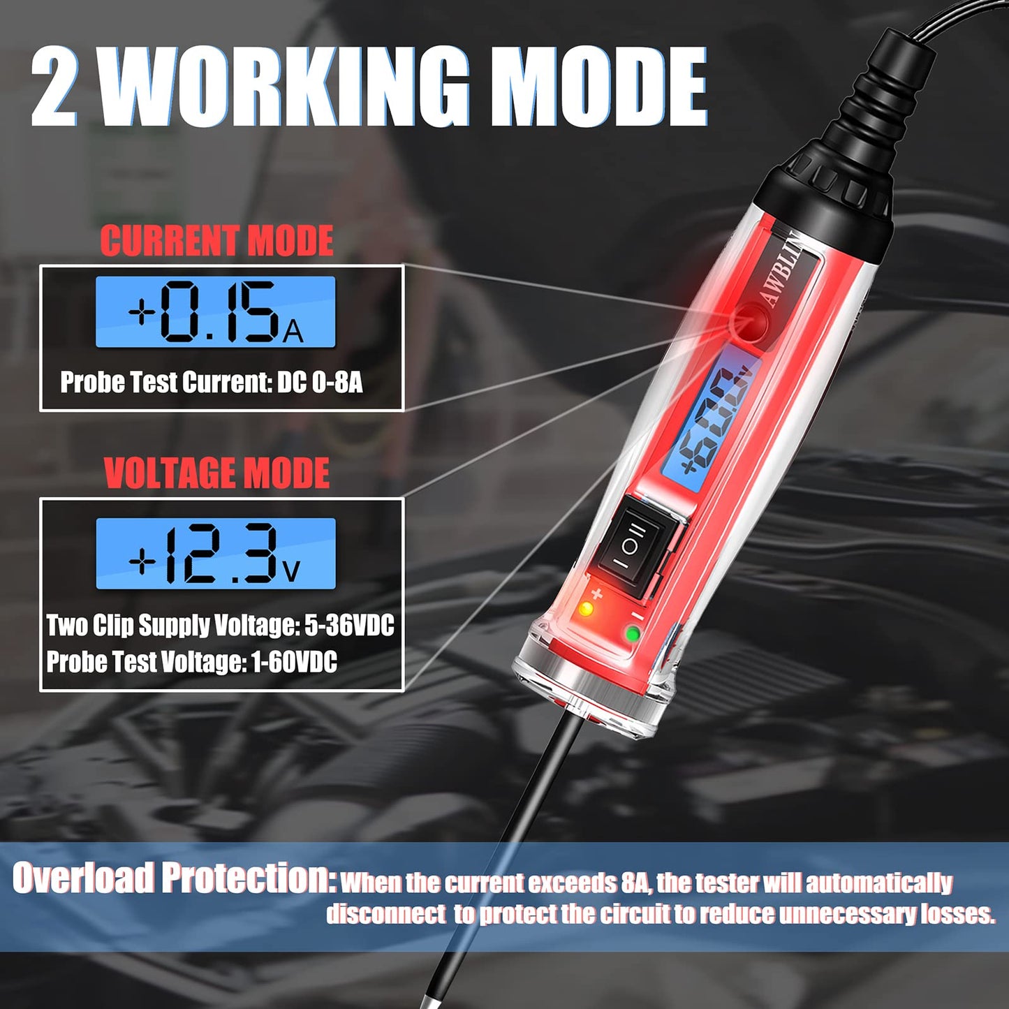 AWBLIN Power Circuit Probe Tester, LCD Digital Automotive Test Light with Voltage Display&Illumination, Auto Short Circuit, AC DC Voltage Tester, Electrical System Tool,Relay Fuse Continuity Test.
