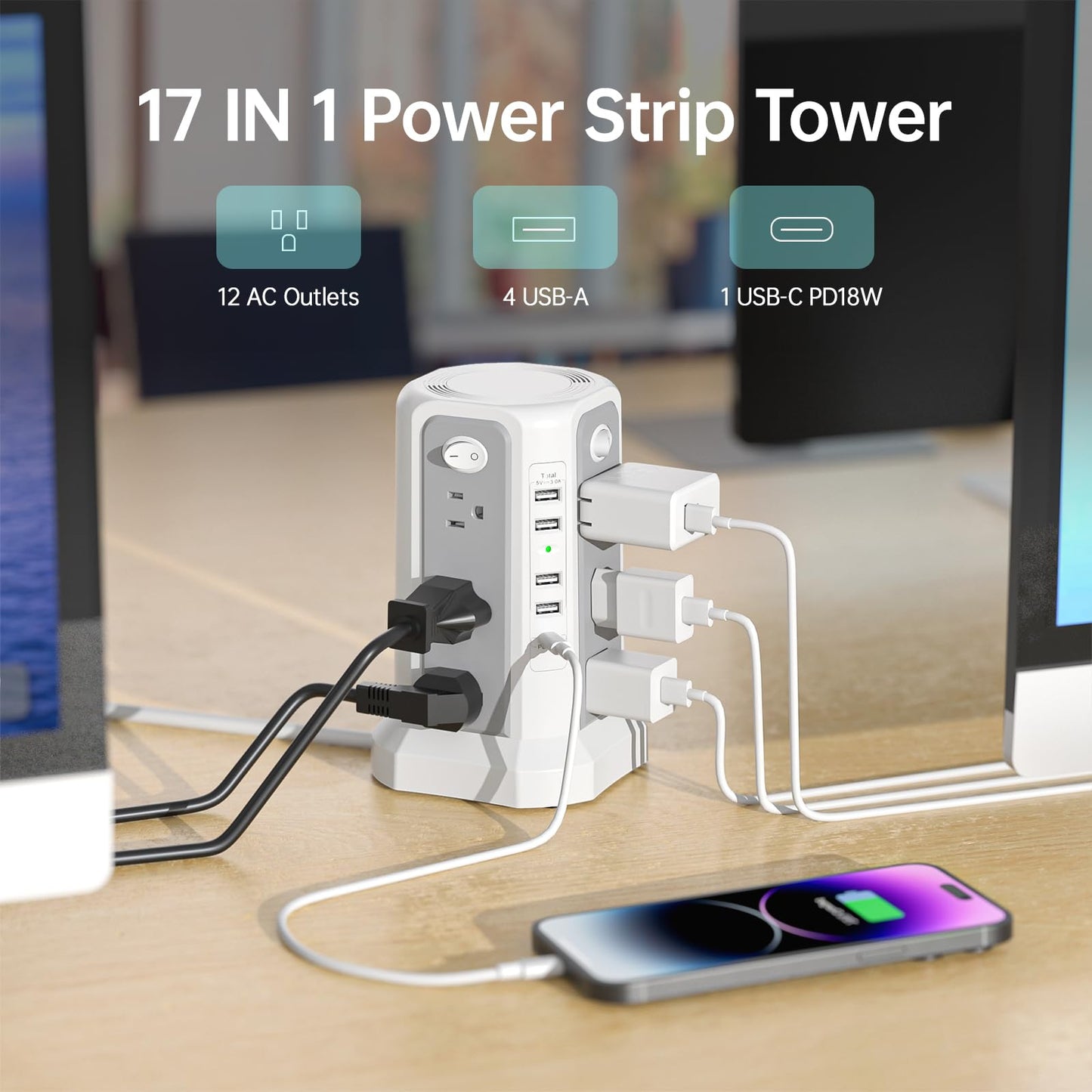 Surge Protector Tower Power Bar with USB C 18W Fast Charging Port, 10FT Extension Cord with 12 AC Outlets, and 5 USB Charging Ports(1 USB C), Power Bars Tower Surge Protection for Home Office DormRoom