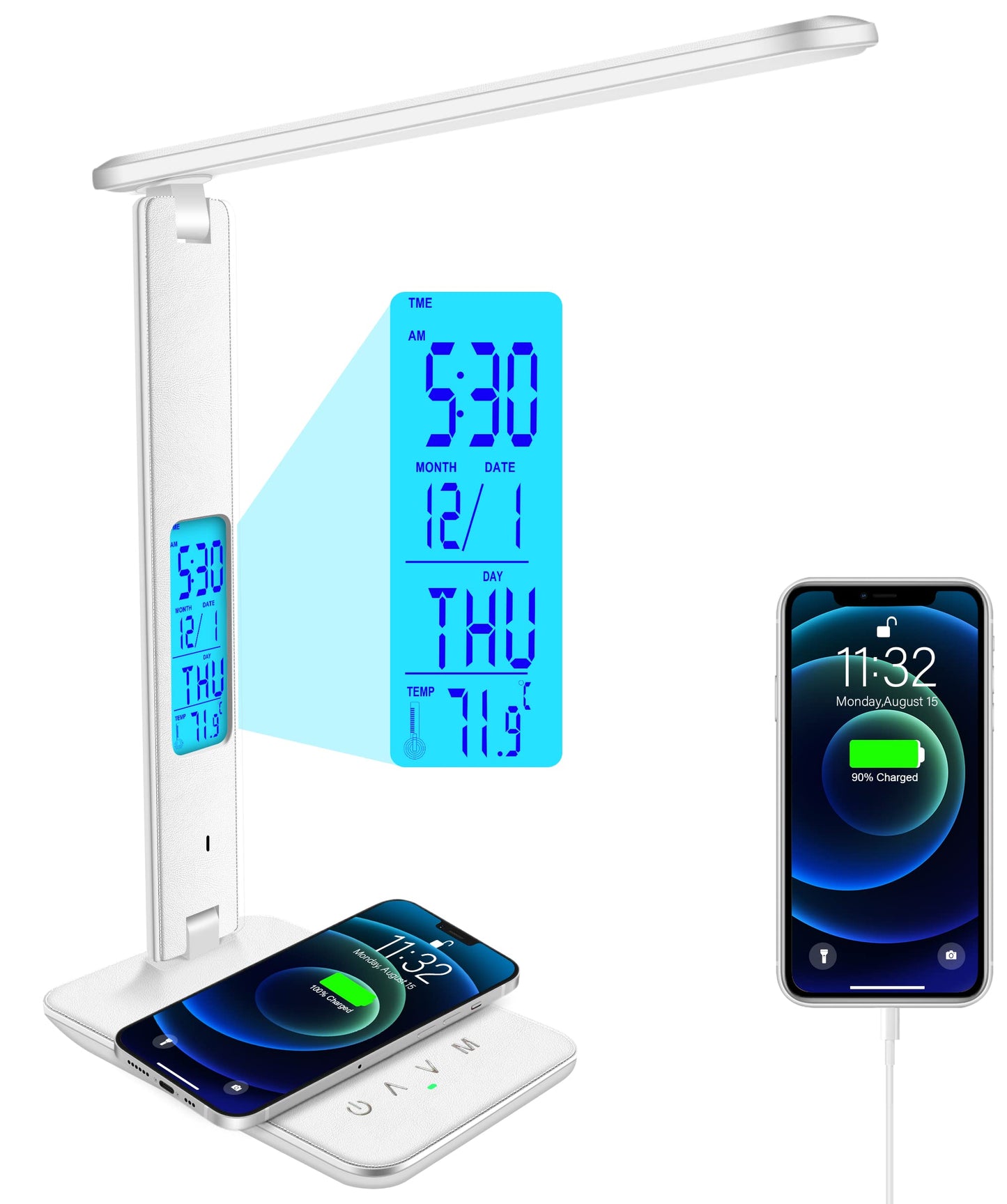 Whicow LED Desk Lamp, Desk Light with Wireless Charger, USB Charging Port, Dimmable Office Desk Lamp with Clock, Alarm, Date, Temperature, Foldable Table Lamp for Table Bedroom Bedside Office