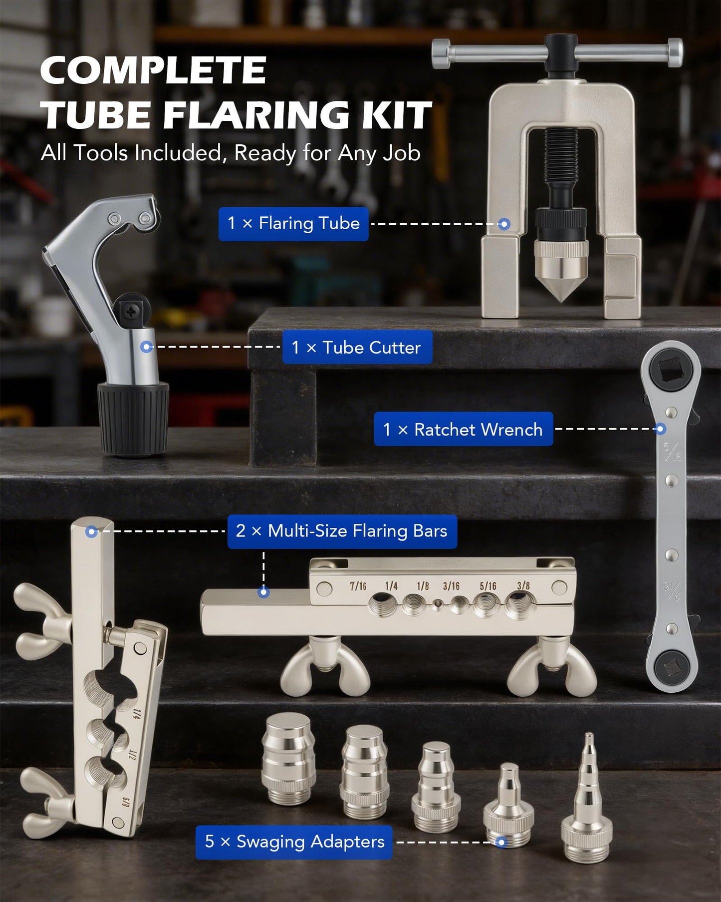 Orion Motor Tech Single Flaring Tool & Swaging Tool Kit for HVAC Tubing, 45 Degree 1/8" - 3/4" Flare Tool Kit with Swaging Adapters, Tube Cutter & Ratchet Wrench, Single Flare Tool for Soft Metals