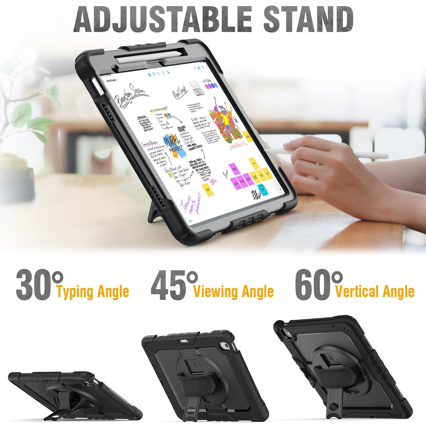 HXCASEAC Shockproof Case for iPad Air 13 inch 2025/2024, with Screen Protector/ 360° Rotating Hand Strap Stand/Carrying Strap, Heavy Duty Protective Cover for iPad Air 13 M3/M2, Black