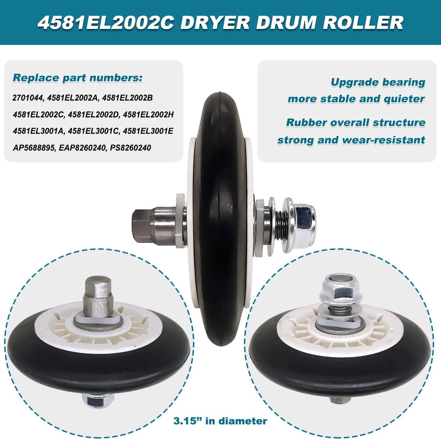 4581EL2002C Dryer Drum Roller Assembly 4400EL2001A Dryer Belt 4561EL3002A Dryer Motor Idler Pulley and Tension Spring - Dryer Repair Kit for LG Kenmore Replace 4581EL2002A 4561EL3002B 4400EL2001C