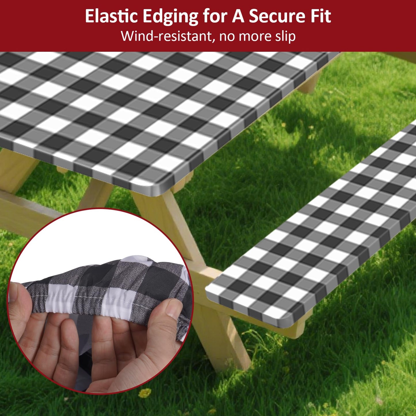 KENOBEE 8ft Picnic Table and Bench Cover, Camping Essentials RV Gear, 96 in Waterproof Windproof Outdoor Elastic All Around Tablecloth, Fitted Rectangle Tables and Seats, Black-White Checkered