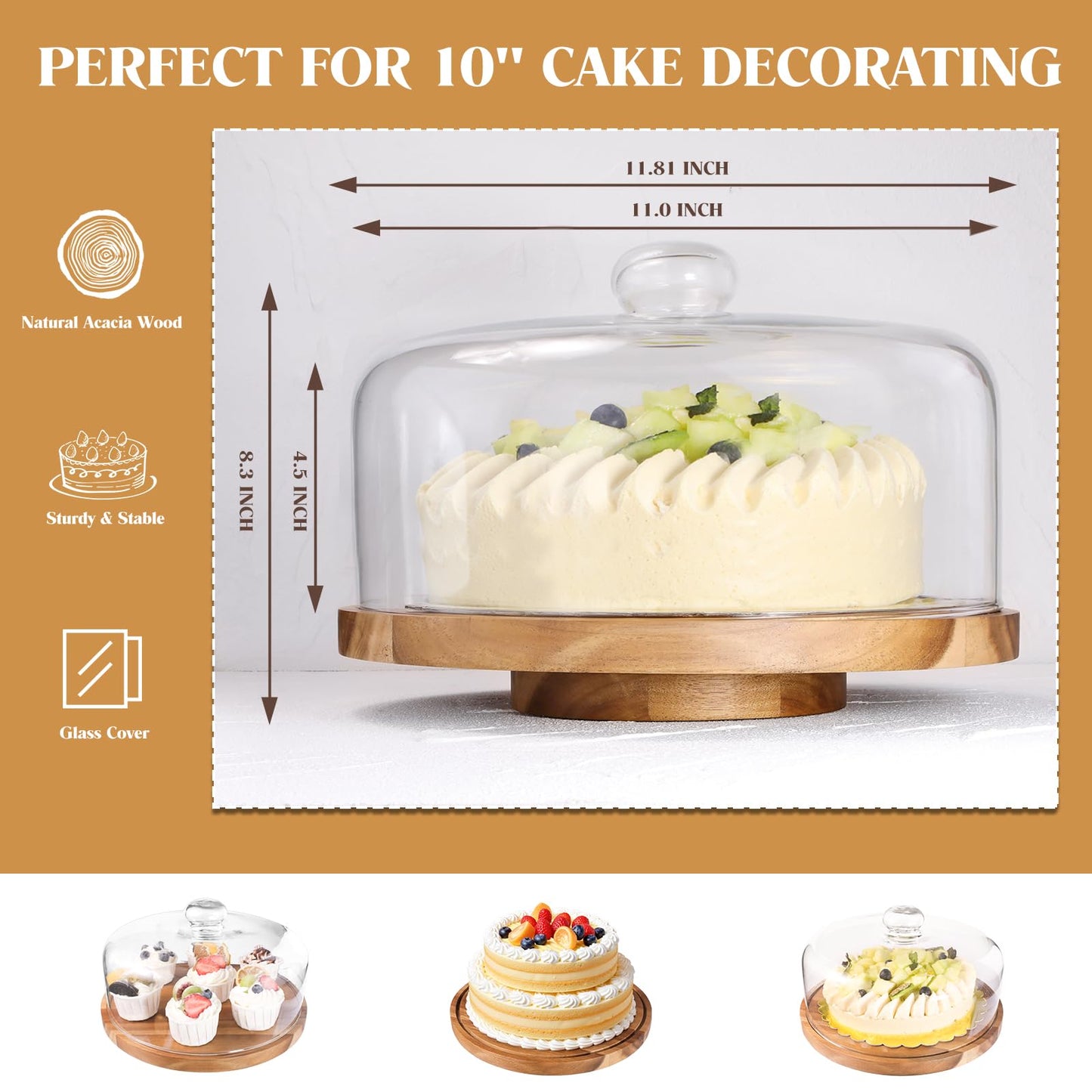 Glass Cake Stand with Dome Lid, 12" Rotating Acacia Wood Cake Plate with Lid, Includes 2 Extra Cake Boards, Round Cake Holder for Wedding, Birthdays, Party Display, Charcuterie Tray