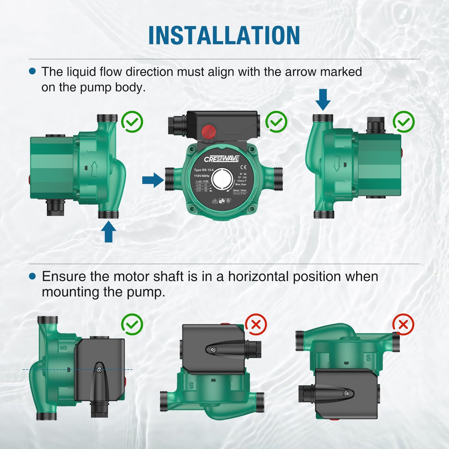CrestWave Hot Water Recirculating Pump, 93W 110V Water Circulation Pump for Water Heater, 3-Speed-Control Durable Hot Water Pump for Domestic Electric Water Heater System
