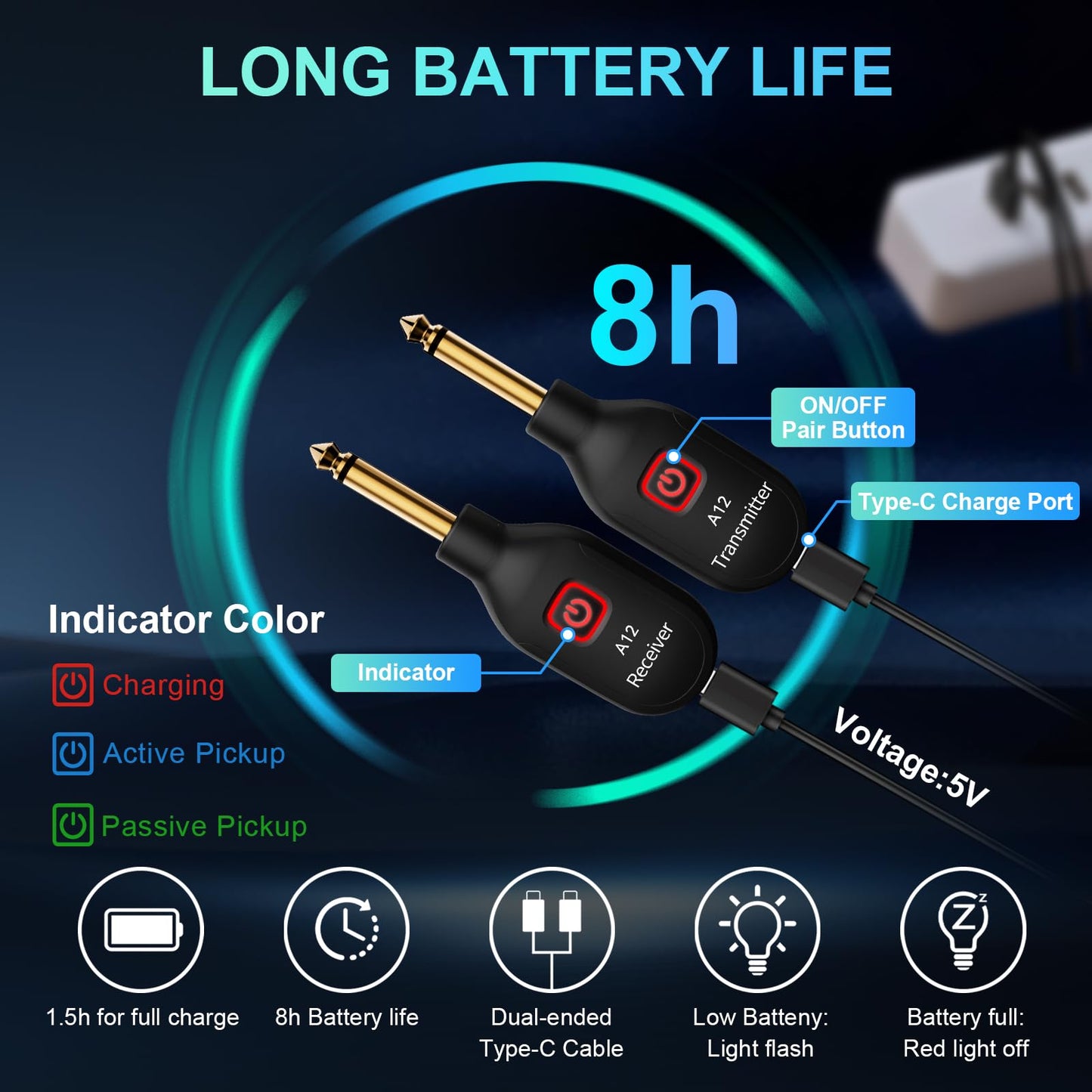 A12 Wireless Guitar Transmitter Receiver - 2.4GHz System, 24-bit 48KHz Audio, 100ft Range, No Latency, Rechargeable, Easy Pairing for Electric Guitar & Bass - Accessories (2TX+1RX)