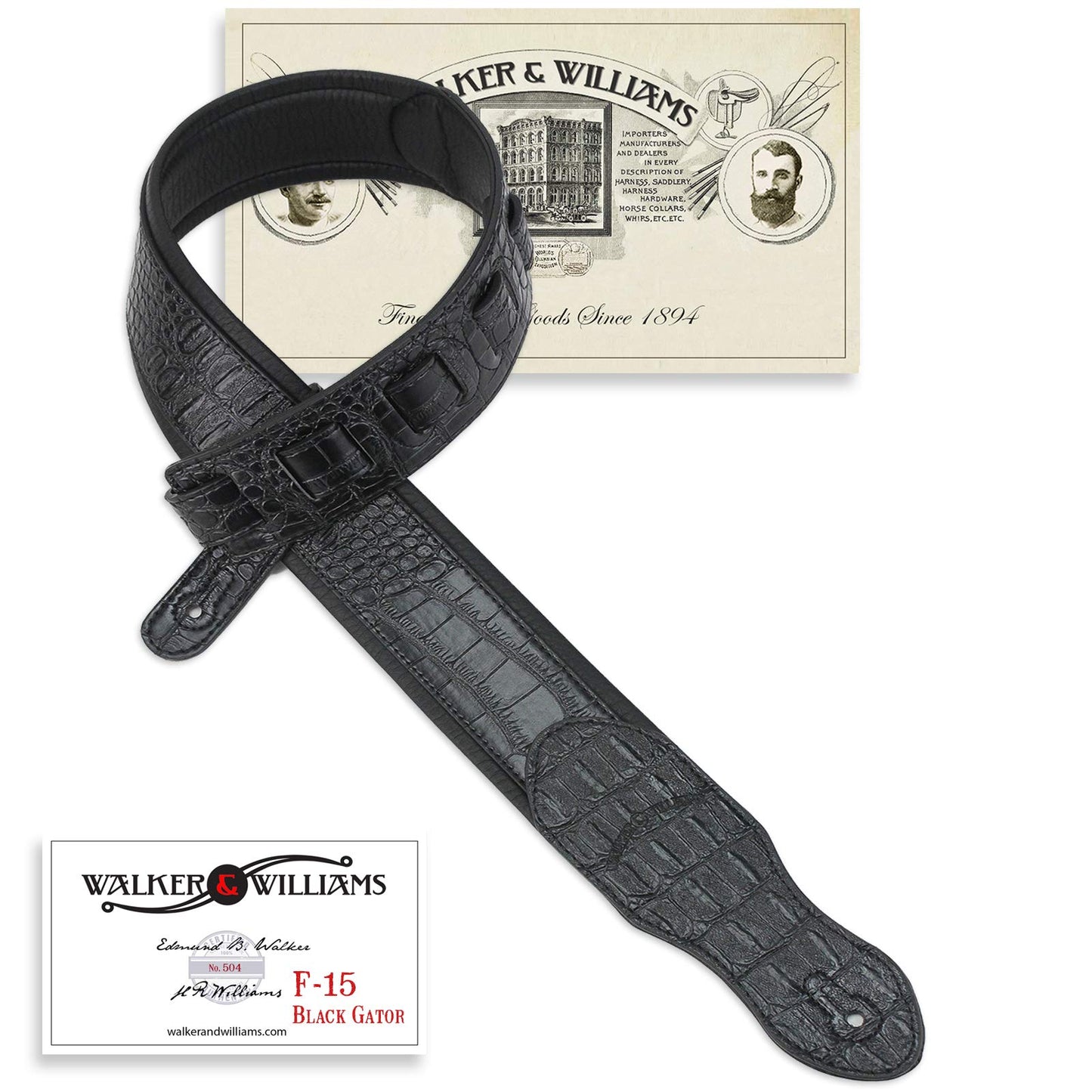 Walker & Williams F-15 Classic Black Textured Gator Finish Padded Guitar Strap, Black, Large