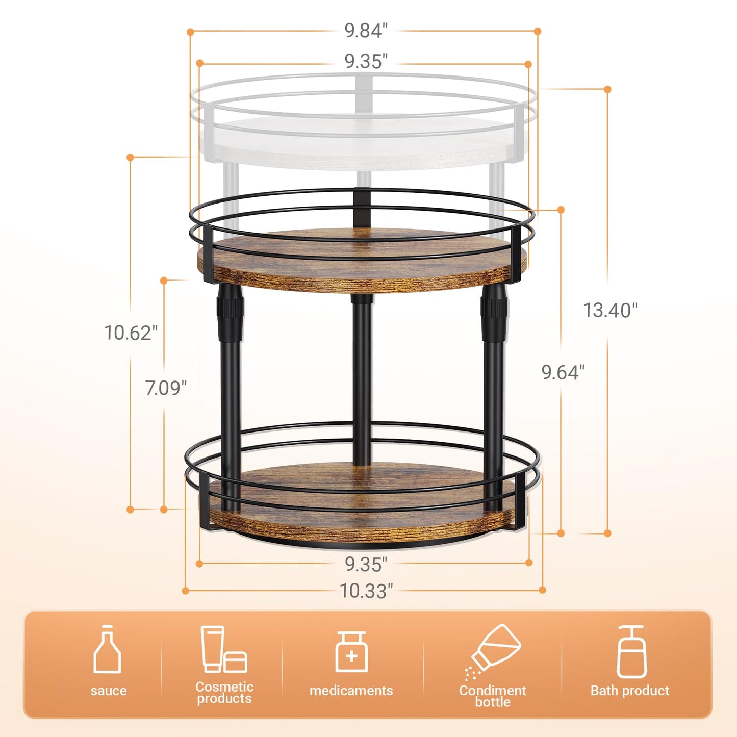 Lazy-Susan-Organizer-Spice-Rack, 2-Tier Rotating Spice Organizer For Kitchen-Cabinet-Countertop-Pantry, Turntable Seasoning Holder Storage Shelf With Adjustable Height