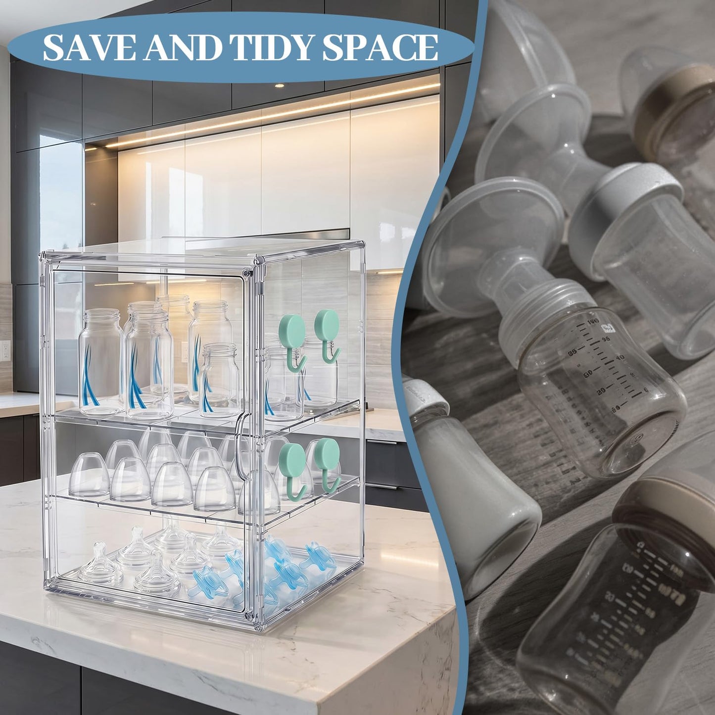 Zebrater Baby Bottle Organizer, 3 Tier Bottle Storage Organizer Baby, Adjustable Clear Acrylic Bottles Storage Station with Magnetic Door and Hook for Pacifiers Pump Parts, Makeup & Bathroom Organizer