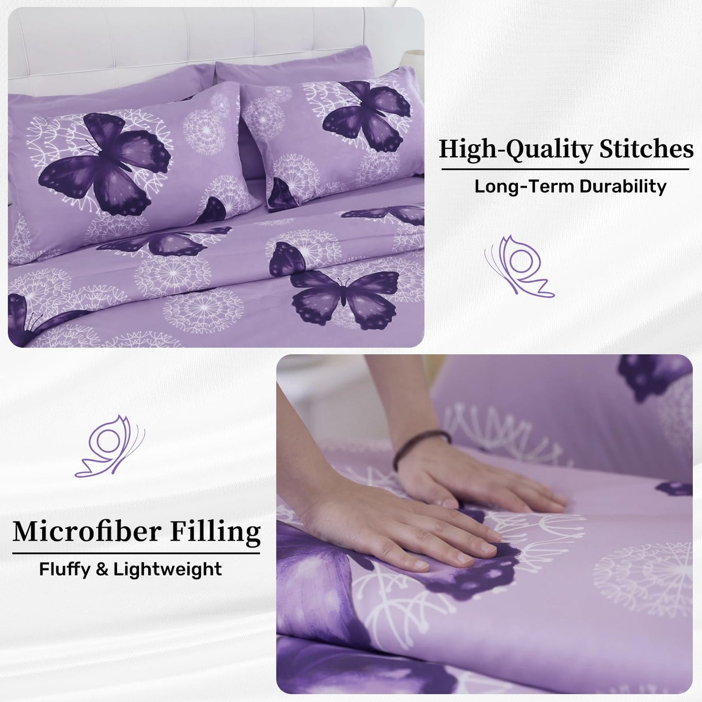 ARTALL Butterfly Pattern Bed in A Bag 6 Piece Bedding Twin Comforter Sets 1 Comforter, 1 Pillow Shams, 1 Flat Sheet, 1 Fitted Sheet, 1 Bed Skirt, 1 Pillowcases