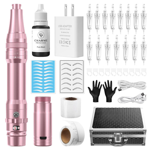 Charme Princesse Wireless Permanent Makeup Machine Kit Rotary Eyebrow Pen Machine With 15pcs 1R/1P Needles Supply for Eyebrow Lip Eyeliner EK403-4-US-FBA24