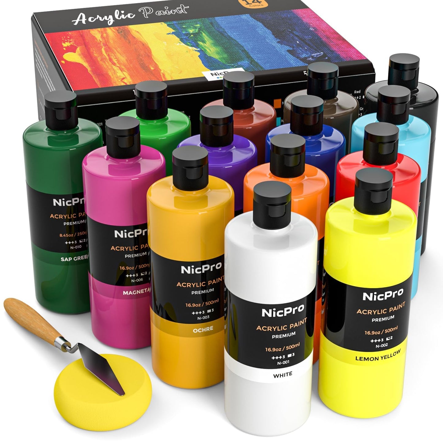 Nicpro 14 Colors Large Bulk Acrylic Paint Set (16.9 oz,500 ml) Rich Art Painting Supplies, Non Toxic for Multi Surface Pumpkin Canvas Wood Ceramic Leather Fabric Craft, for Beginners Adults with Color Wheel