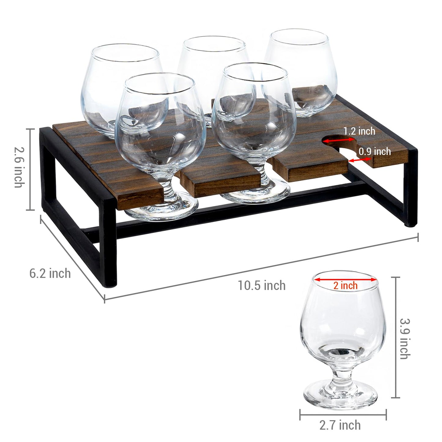 MyGift Urban Industrial Beer Whiskey Flight Board Tasting Set Includes Solid Burnt Wood and Black Metal Server Tray and 6 Small Snifter Sipping Glasses, Margarita, and Wine Tasting Flight Sampler