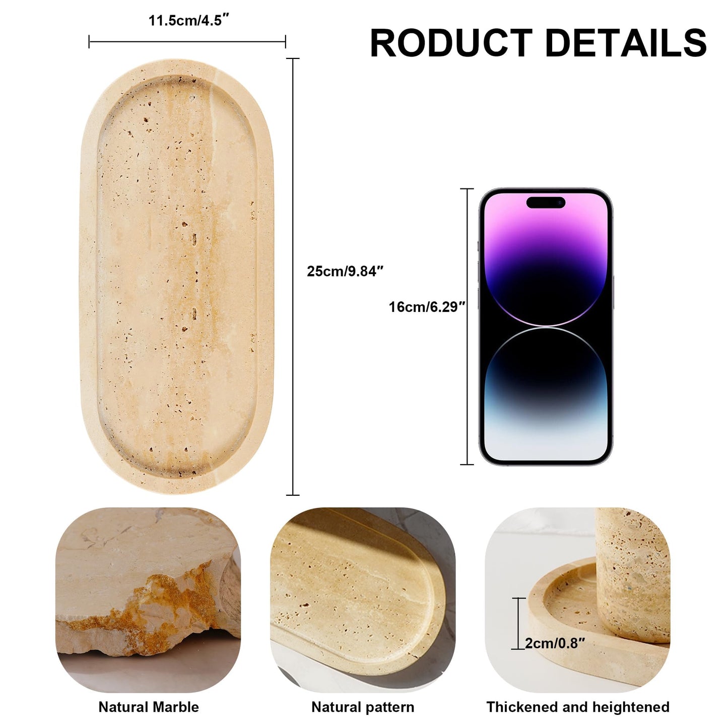 WORHE Italy Natural Travertine Stone Tray for Jewelry, Candles, Perfume, Trinket, Marble Oval Vanity Trays for Bathroom, Dresser, Kitchen, Countertop Storage Organizer Home Decor Beige (WH028)