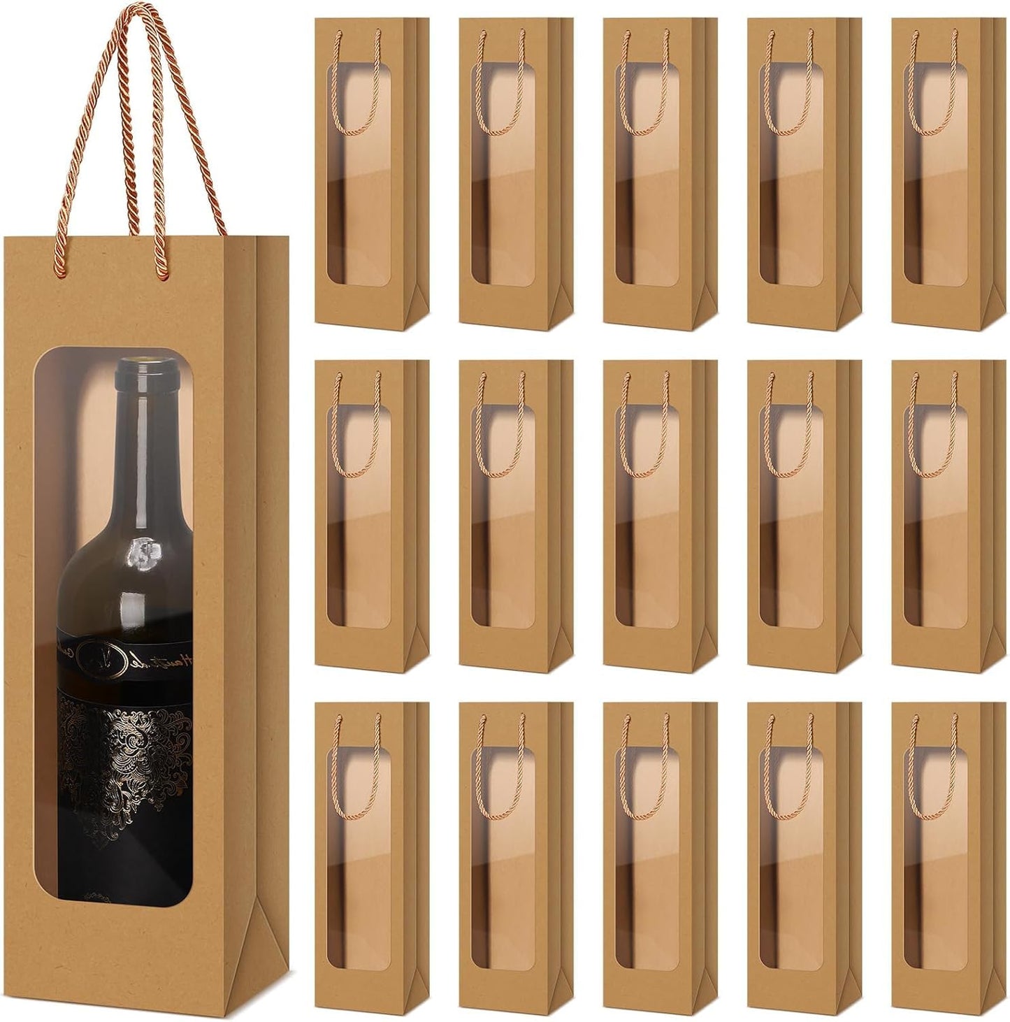 50 Pcs Clear Window Wine Gift Bags with Handles Flower Bulk for Mom New Year Holiday Birthday