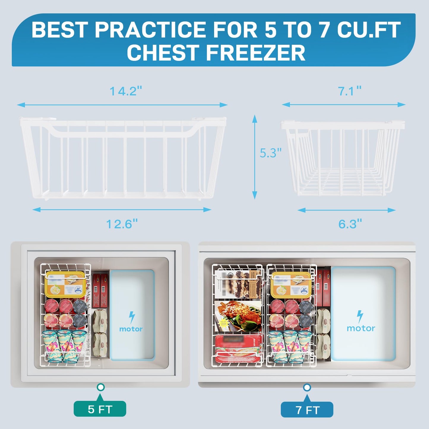 SUNALLY Freezer Organizer Bins, 4 Pack Chest Freezer Organizer Stackable for 5-7 Cu.FT Deep Freezer Sort Frozen Meats and Food, Freezer Storage Baskets with Handles Easy Reach from Bottom, White