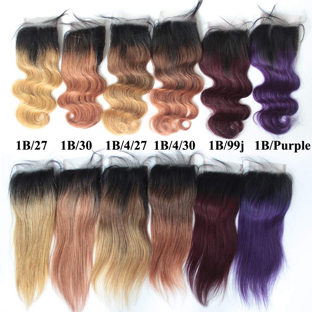 Forawme Brazilian Virgin Human Hair Top Closure Pre Plucked Natural Hairline 18 Inch 4X4 inch Free Part 1B/4/27 Ombre Straight Lace Closure With Baby Hair