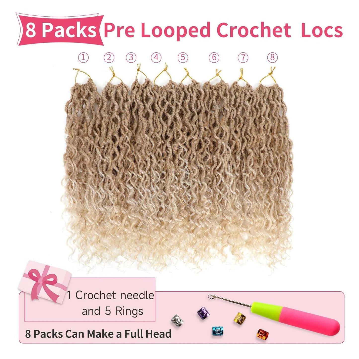 QIDESHENG Goddess Faux Locs Crochet Hair for Black Women, 18inch Goddess Locs Crochet Hair, 8 Packs Boho Style Locs, River Locs with Curly Ends (27/613, 18inch)