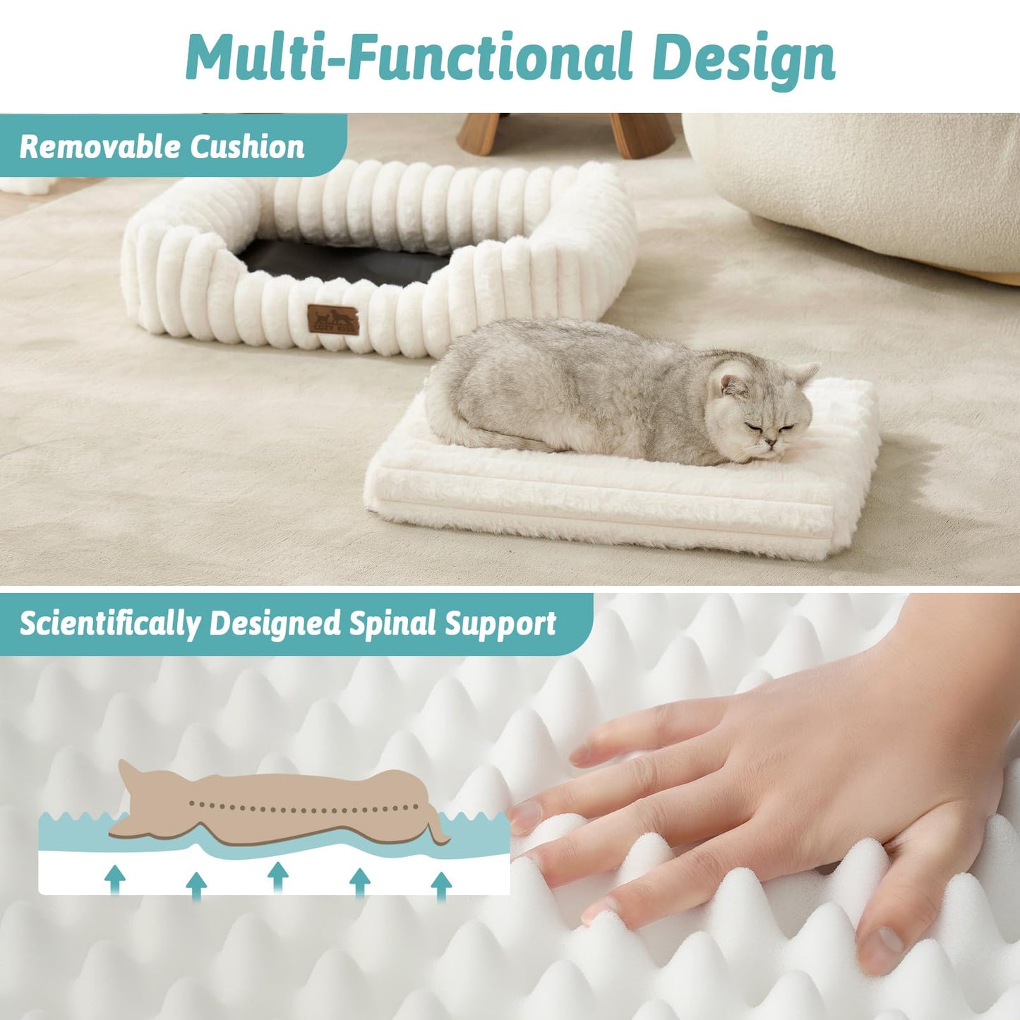 COZY KISS Orthopedic Dog Bed for Small Dogs & Cats - Washable Rectangle Pet Bed with Anti-Slip Bottom, Soft Calming Cat & Puppy Bed for Indoor Pets (25"x21"x6", Cream)