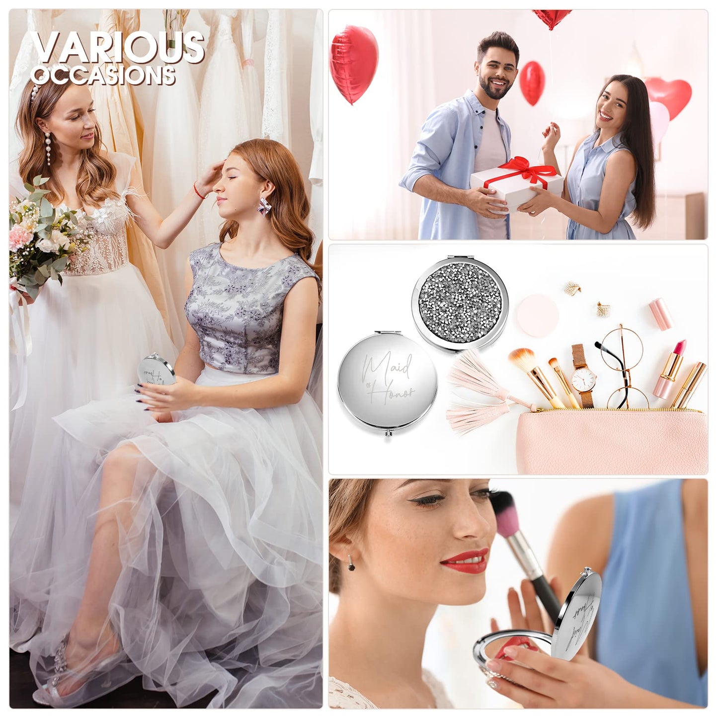 Roowest 8 Pcs Bridesmaid Proposal Gifts Set Bridesmaid Compact Mirrors Magnifying Makeup Double Sided for Purse Pocket for Women Wedding Bridal Shower Gifts Party Favors(Silver, White)