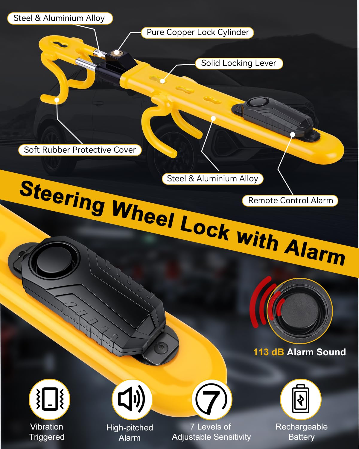 Steering Wheel Lock with 113dB Alarm, ELECTOP Heavy Duty Anti-Theft Car Device Car Wheel Lock with Adjustable Locking and 2 Keys, Car Security Lock Car Alarm System for Auto Truck Van SUV