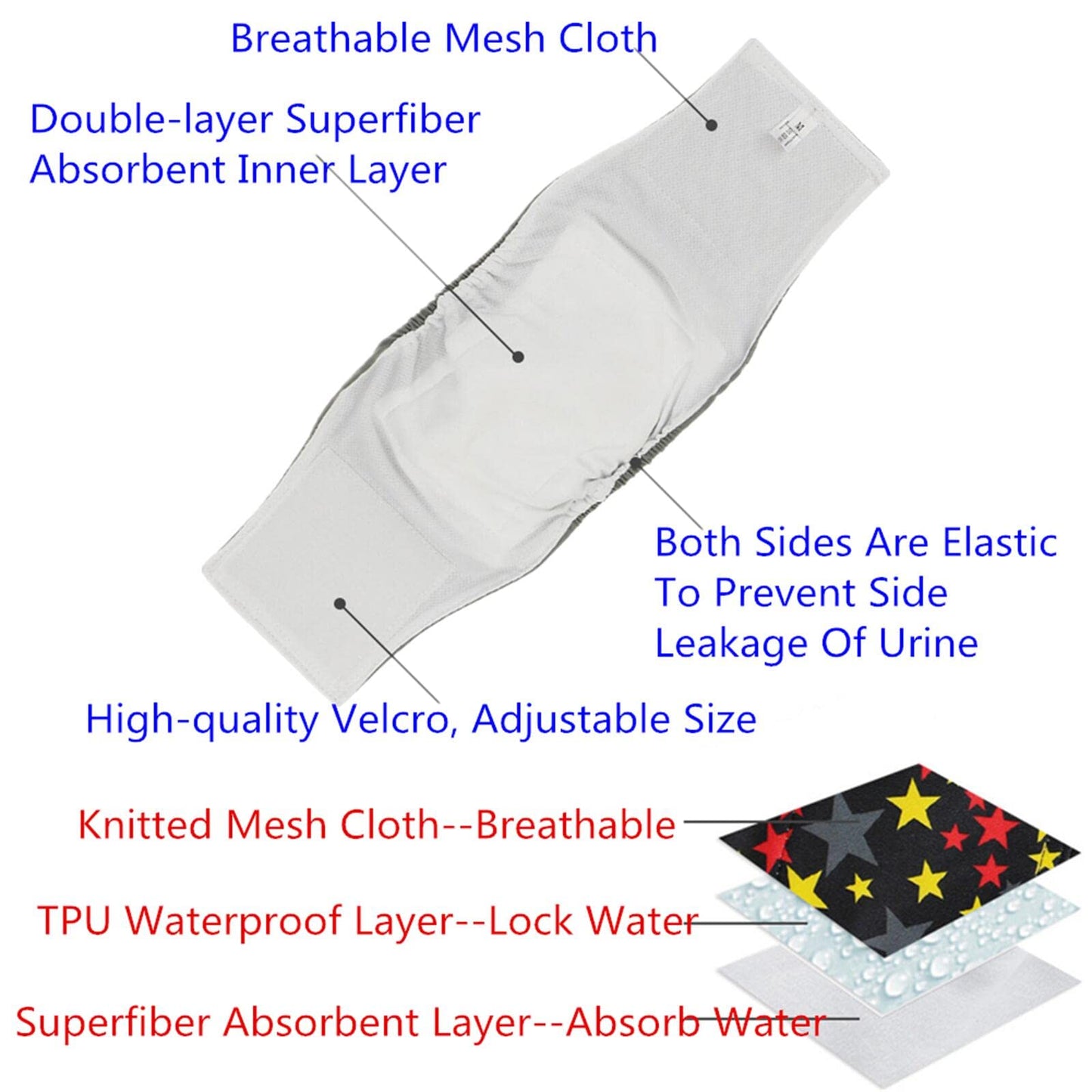 Qiny Washable Male Dog Diapers 6 Pack Reusable Male Dog Belly Band Multicolour M Waist 13.4 x17.3 Inch