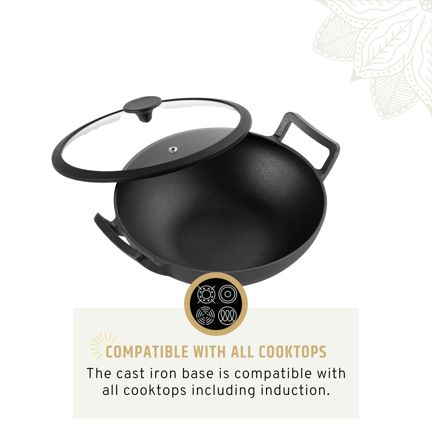 Maharaja Cast Iron Karahi 26cm with Glass lid, Cool Touch Handle, Induction Safe, Black