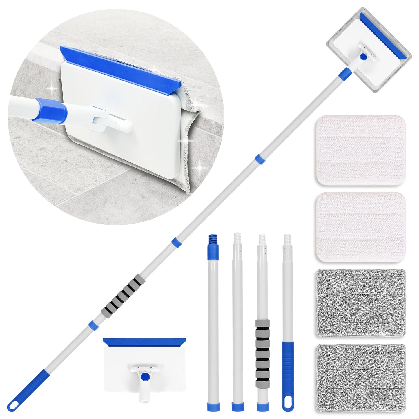 Skirting Board Cleaning Tool with Handle, Wall Cleaner with Long Extendable Handle, Door Frame Cleaning Tool, Including 4 Reusable Cleaning Pads, Quick Clean