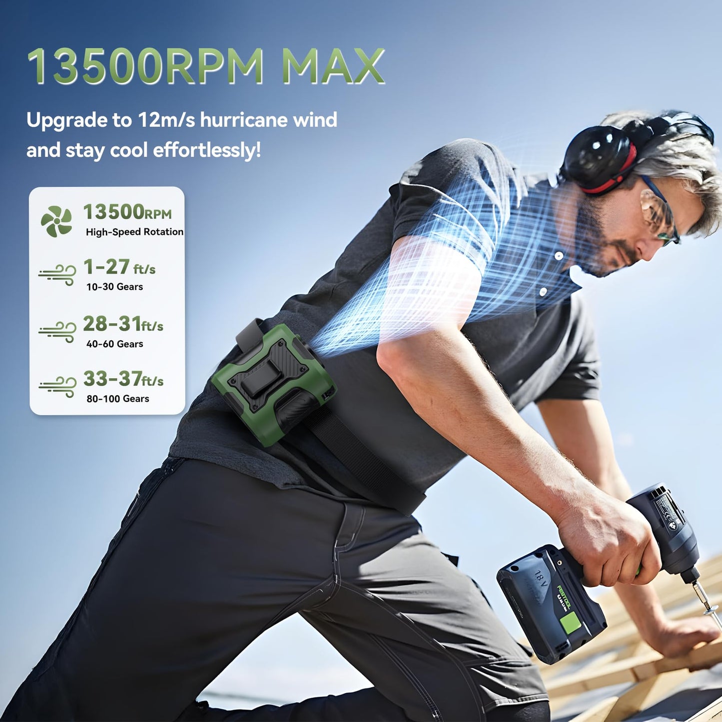 Portable Waist Fan Clip on with Light, 12M/S Quiet & Powerful Silencer Motor, 100 Speeds Wearable Belt Personal Shirt Fan, Digital Display, Upto 24H Cooling Time, Ideal Gift for Outdoor Workers(Green）