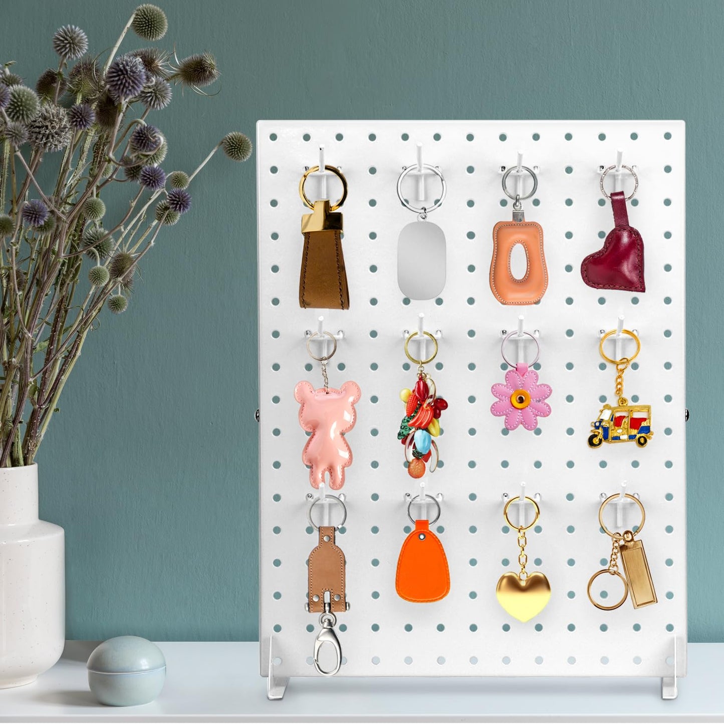 QWORK White Steel Peg Board Display Stand with 12 Hooks Included for Jewelry, Ornaments & Keychains