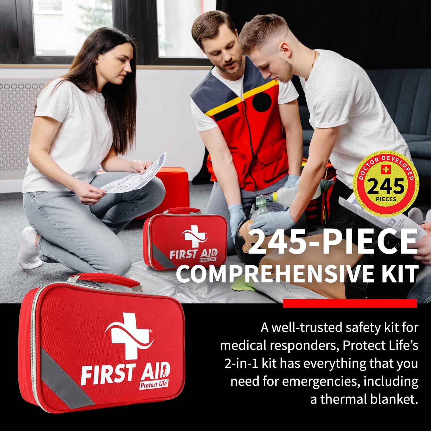 Protect Life First Aid Kit for Home & Businesses | HSA/FSA Eligible Kits for Emergency, Hiking, Camping | Small Travel First Aid Kit for Car | Travel Survival Medical kits (245 Pcs)