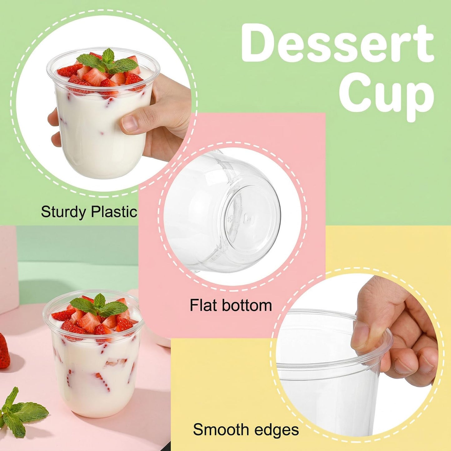 Nicunom 100 Pack 12 oz Clear Dessert Cups with Dome Lids (No Hole) & Sporks, Plastic Parfait Cups, No Leaking Disposable Party Cups with Lids for Ice Cream Fruit Cake Snacks Yogurt Cold Drinks