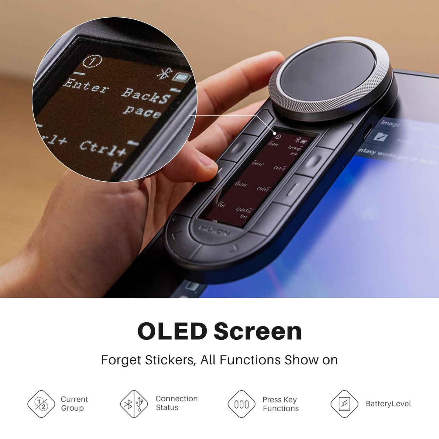 HUION Keydial Remote Bluetooth Programmable Keypad with Dual Dials 60 Customized Keys, OLED Display Macro Keypad Work with PC, Mac, Mobile, One-Hand Shortcut Keyboard for Drawing Tablet, Laptops
