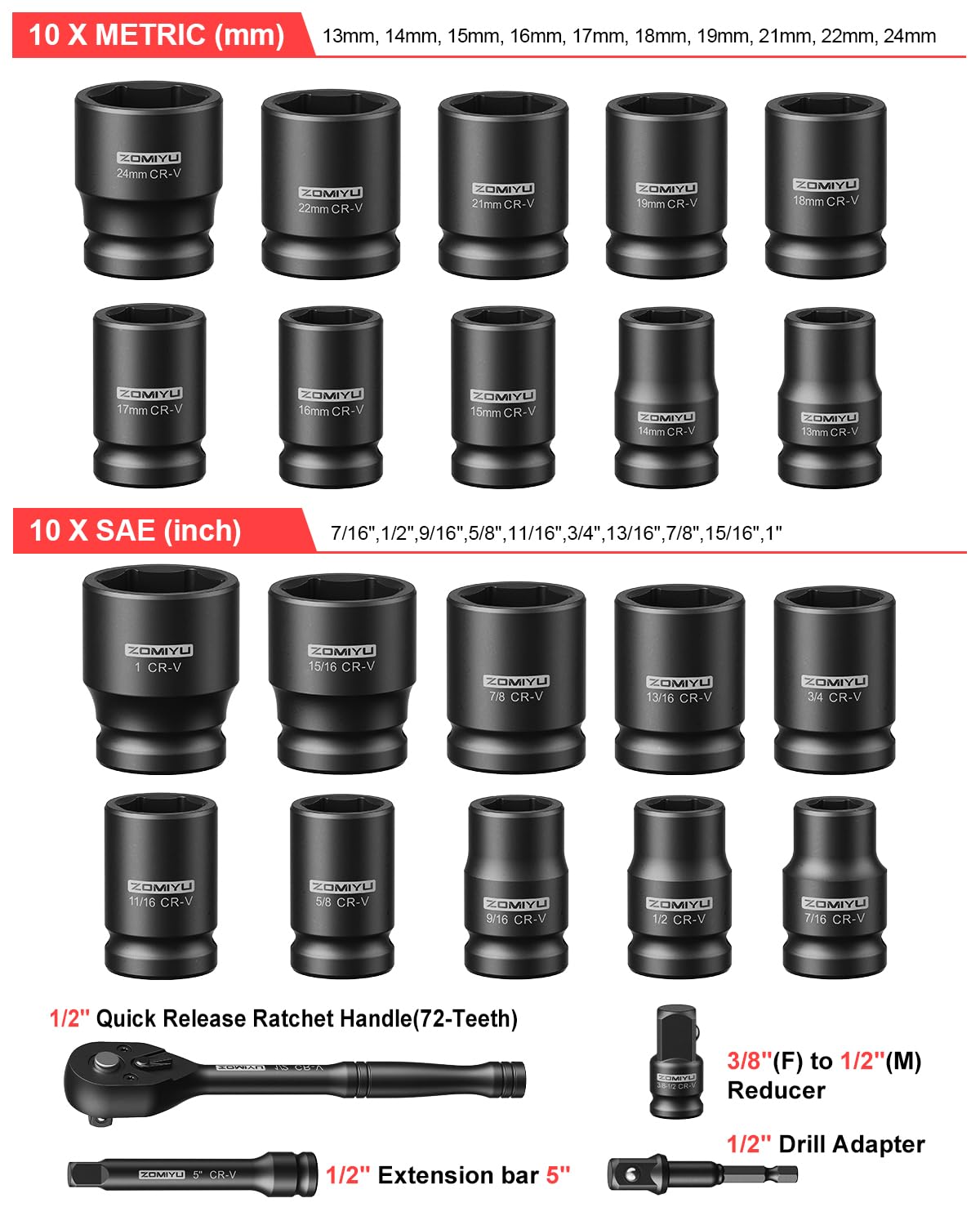 ZOMIYU 1/2" Drive Socket Set, SAE & Metric (7/16"-1"&13-24mm), 6 Point Shallow Impact Socket Set, 72-Teeth Ratchet Wrench, Extension Bar, Adapter & 3/8" F to 1/2" M Reducer-24 PCS