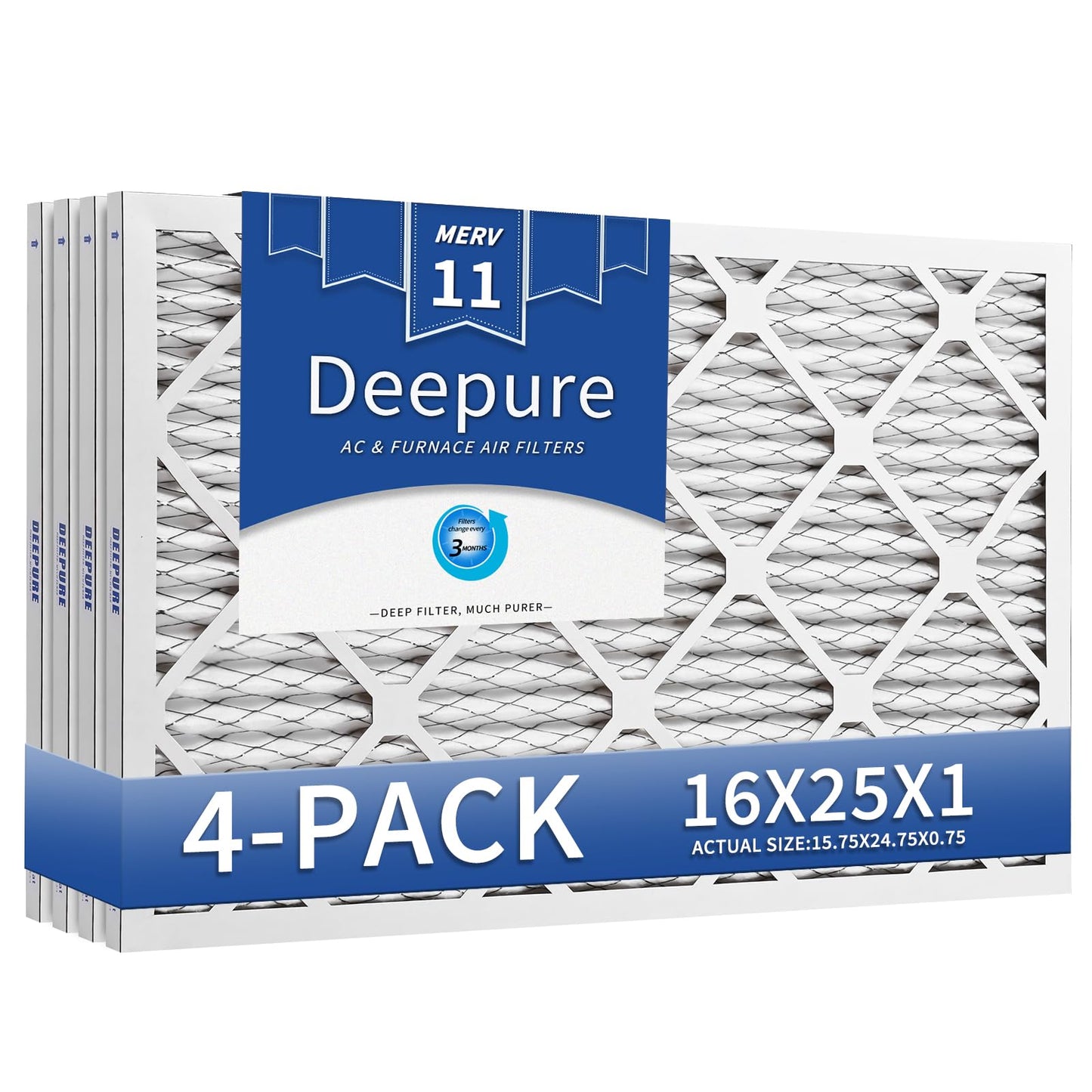 Deepure 16X25X1 MERV 11 Furnace Filter (4 Packs) - MPR 1200 FPR 7 Electrostatic Pleated Air Conditioner HVAC AC Filters