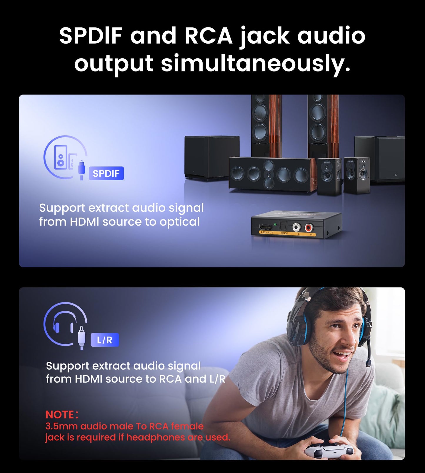 4K HDMI Audio Extractor Splitter, avedio links 1080P HDMI to HDMI Audio Converter Adapter + Optical Toslink SPDIF + L/R Stereo Analog Audio for Chromecast, Fire Stick (4K 60Hz Black)