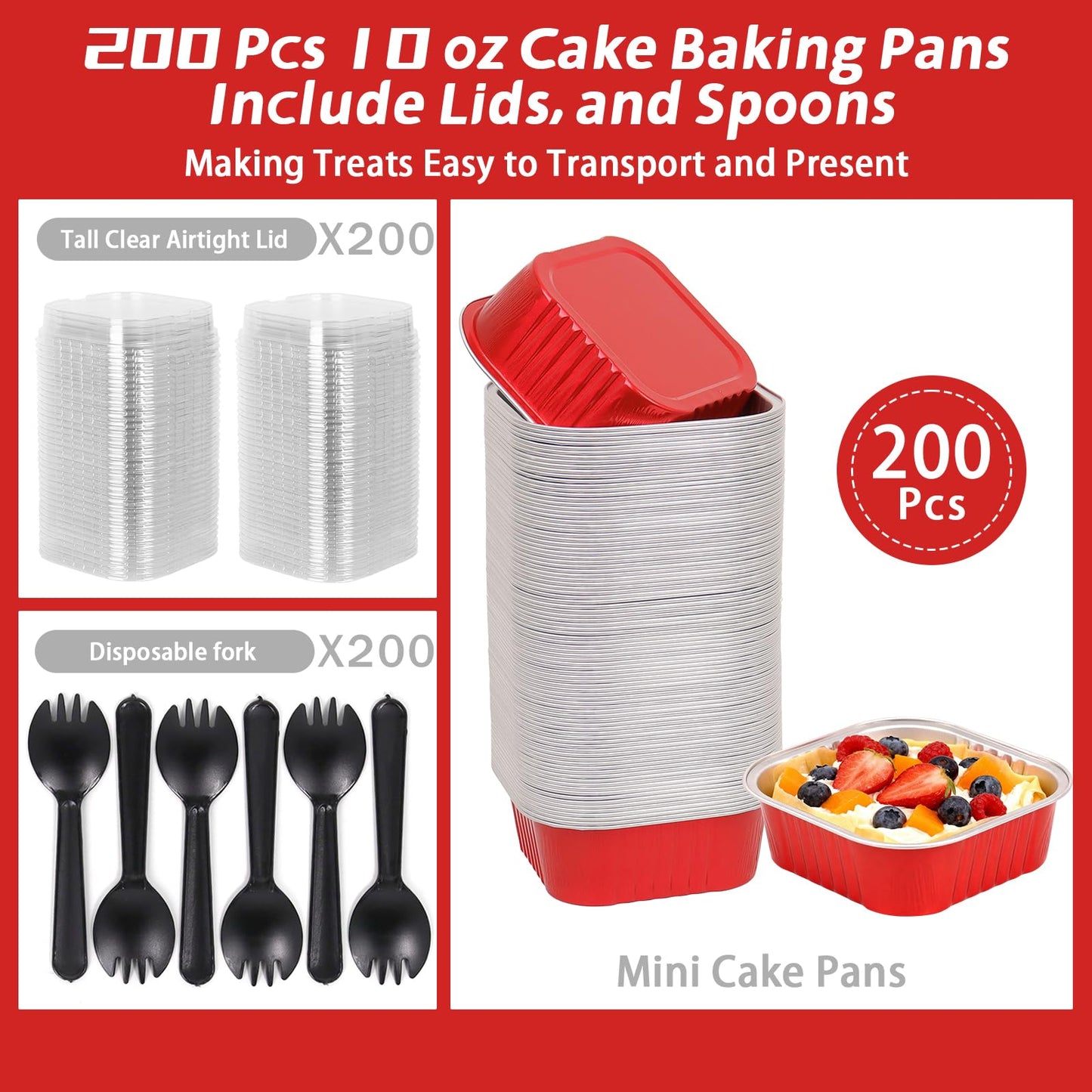 200 Pcs Square Mini Cake Pans with Lids, 10 OZ Individual Mini Loaf Pans, 4.4x4.4 Pink Aluminum Foil Cupcake Baking Cups