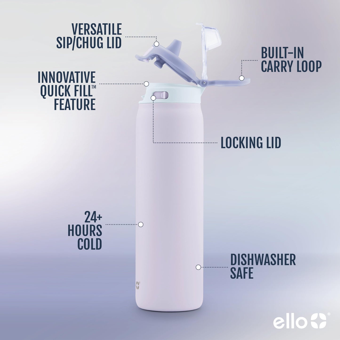 Ello Pop & Fill 22oz Stainless Steel Water Bottle with QuickFill Technology, Double Walled and Vacuum Insulated Metal, Leak Proof Locking Lid, Sip and Chug, Reusable, BPA Free, Aurora