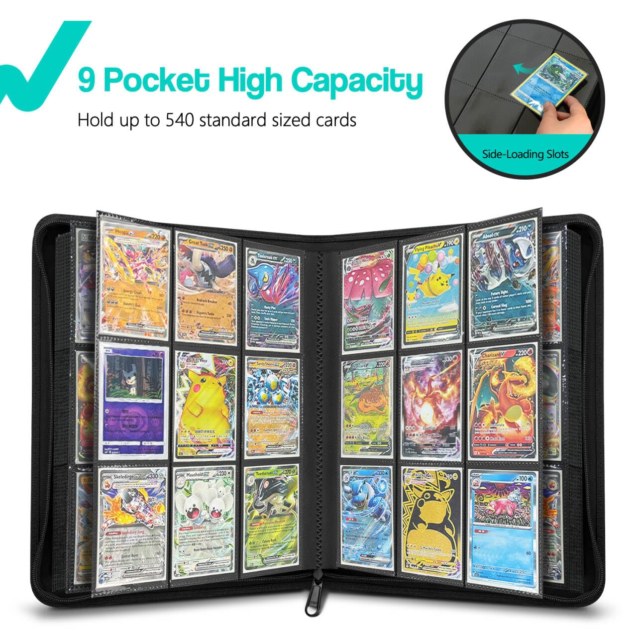 Ravaver 9 Pocket Card Binder, 540 Cards Trading Cards Games Collection Holder with YKK Metal Zipper & Side-Loading Sleeves, Premium Gift for Card Collectors (Black)