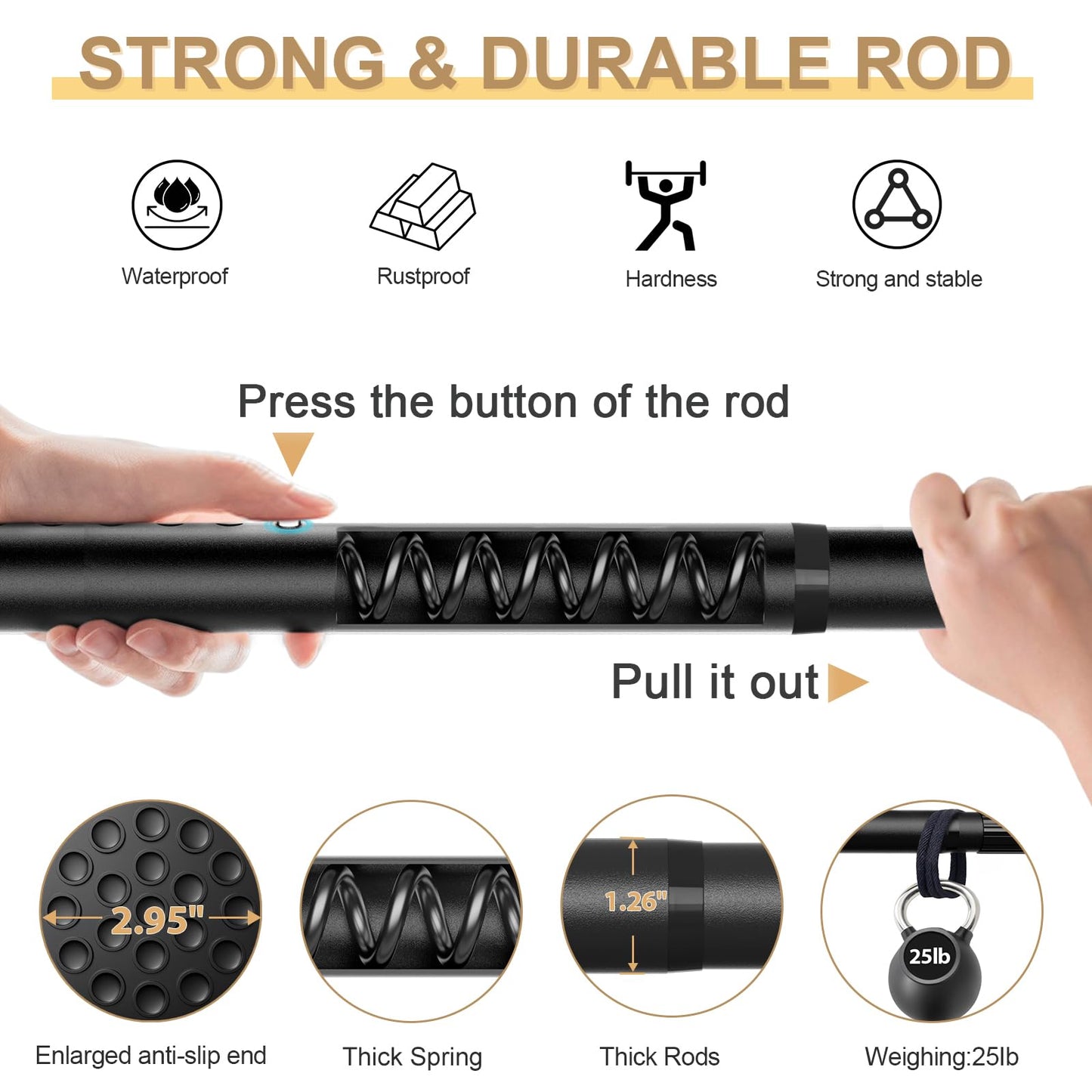 Zipglo Tension Curtain Rods 51-128 Inch Black, Adjustable Curtain Rod - No Drilling, Heavy Duty Spring Tension Extra Long Shower Rod for Bathroom, Window, Closet, Patio, Diameter 1.26 Inches