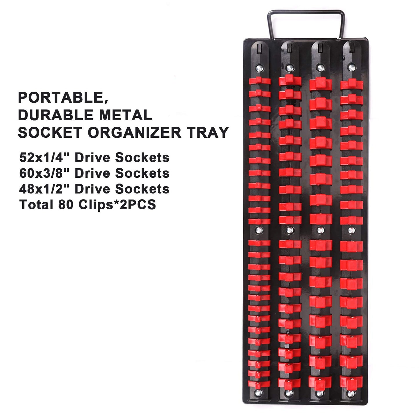 Mayouko 80-Piece Portable Socket Organizer Tray, 2 Pcs Set, Blue & Red, Tools Organizer 1/4-Inch, 3/8-Inch, 1/2-Inch, Heavy Duty Socket Holder, Black Rails, Blue & Red Clips
