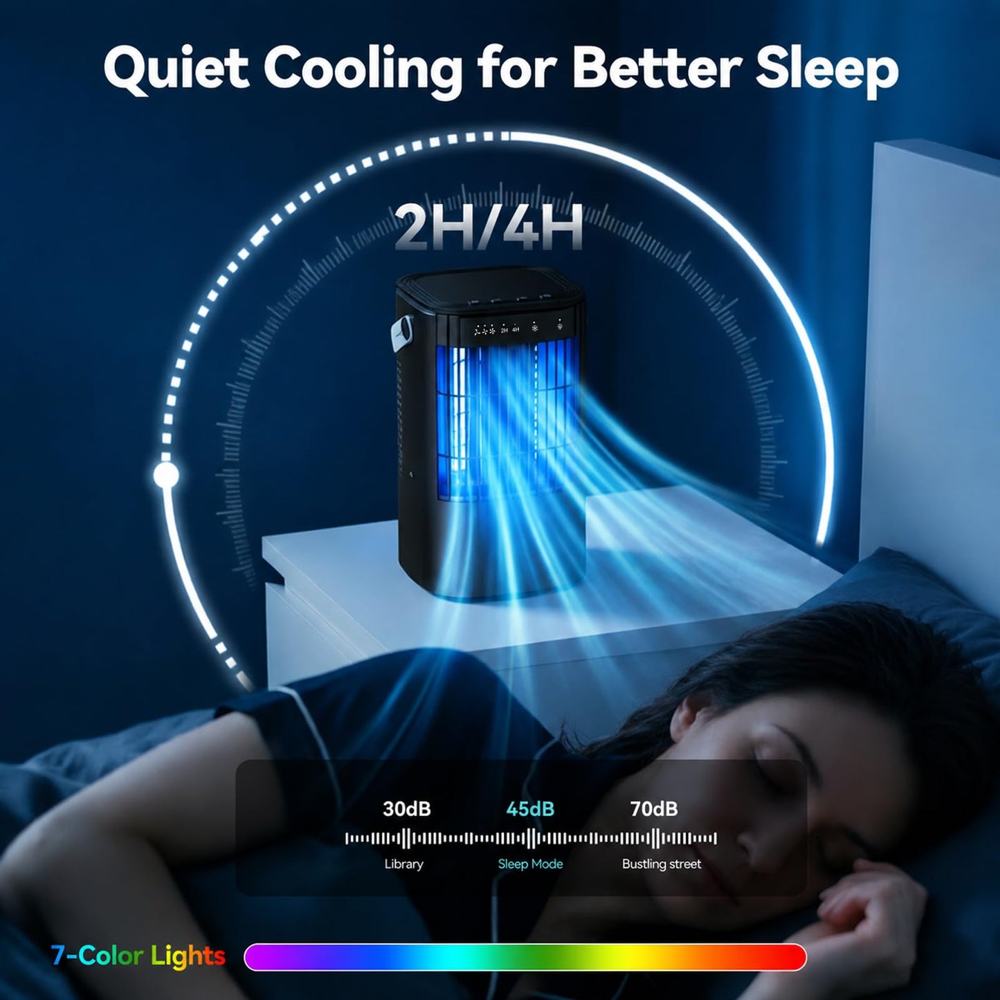 Portable Air Conditioner, 4-in-1 Mini Small Air Conditioner Evaporative Air Cooler Fan with 1000ml Water Tank, 3 Speeds & 7 LED Lights, Personal Mini AC with Timer for Bedroom, Desktop, Home, Office